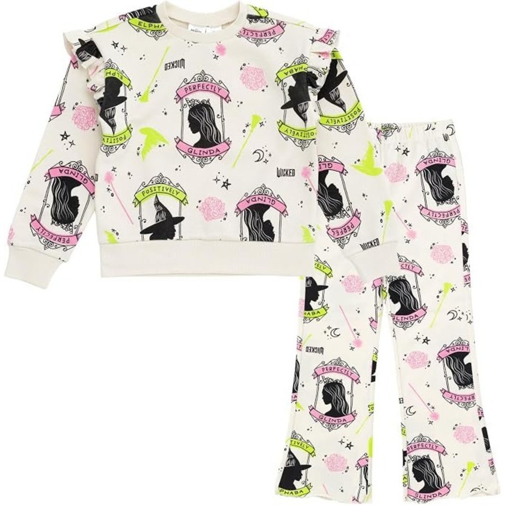 Wicked Movie Elphaba Glinda Girls Ruffle Sweatshirt and Pants Set Cream 6X